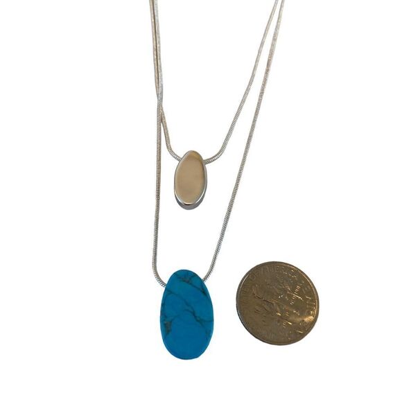 Turquoise Double Layer Necklace on Slinky Silver Chains. - Picture 5 of 5